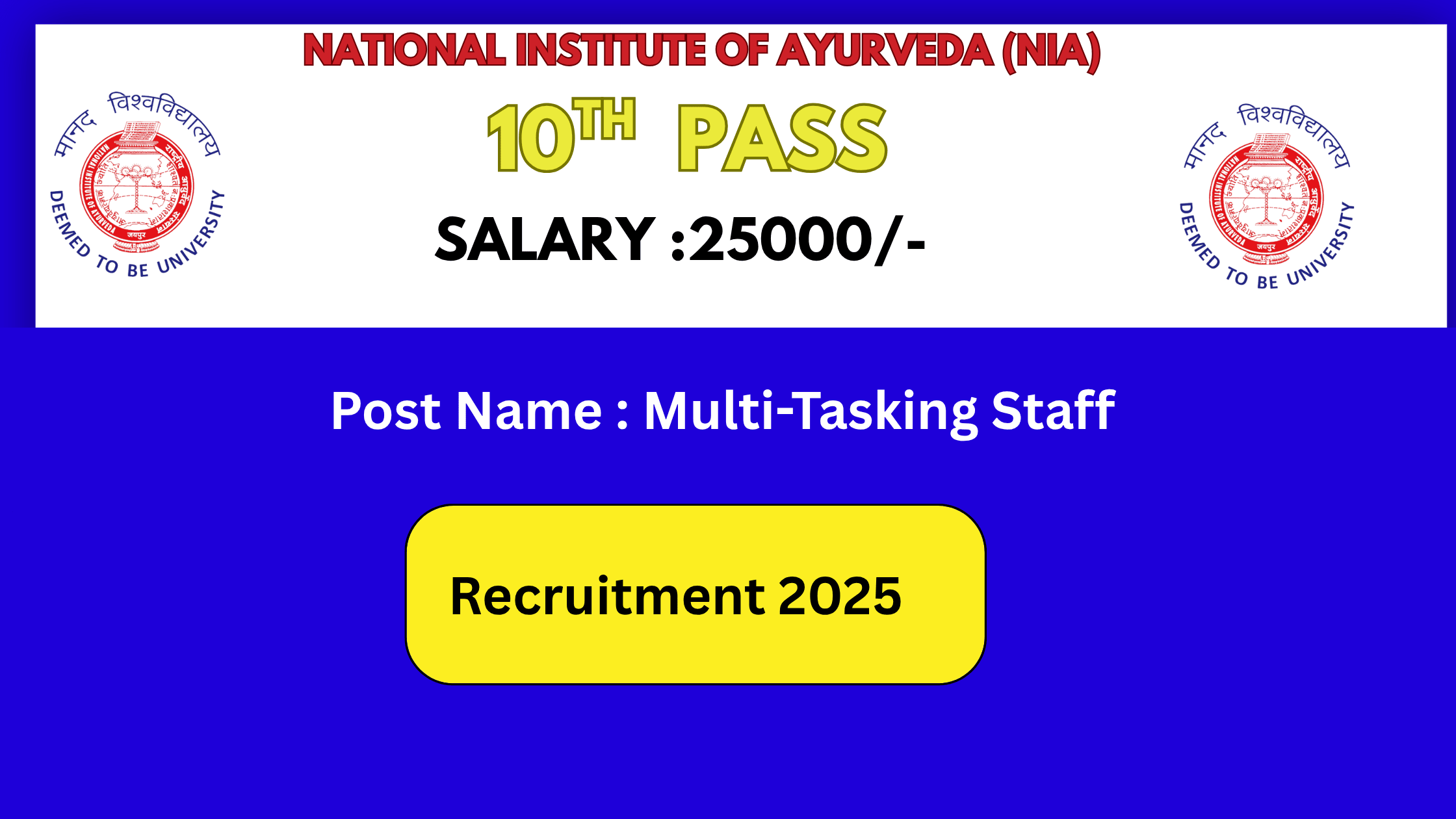 "Ayurveda Jobs 2025 - NIA Jaipur Recruitment Notification for 20 Government Posts with High Salary"