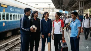 RRC Northern Railway Sports Quota Recruitment 2025 notification image showing Indian sportspersons near railway platform